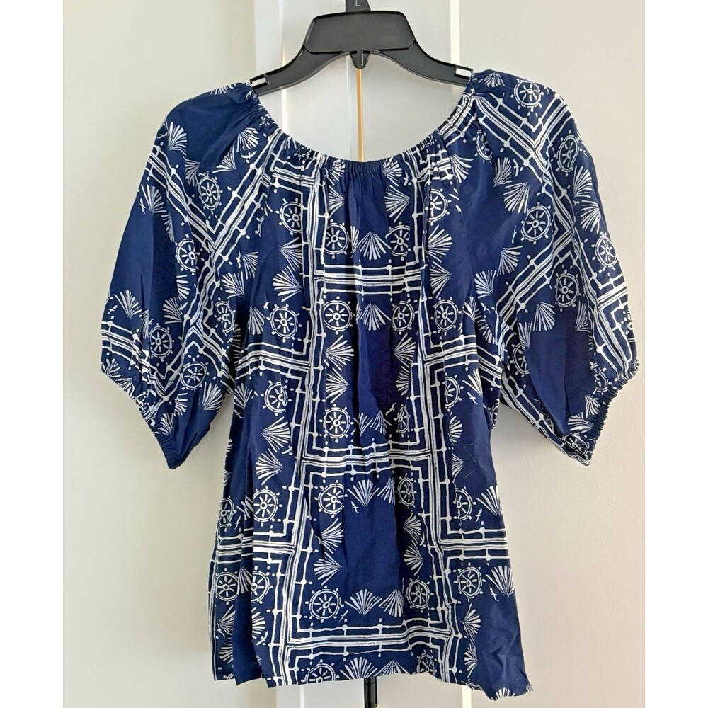 Sonoma Shirt Women's LARGE Blouse Top Boho Hippie Flowing Navy Blue Nautical NWT